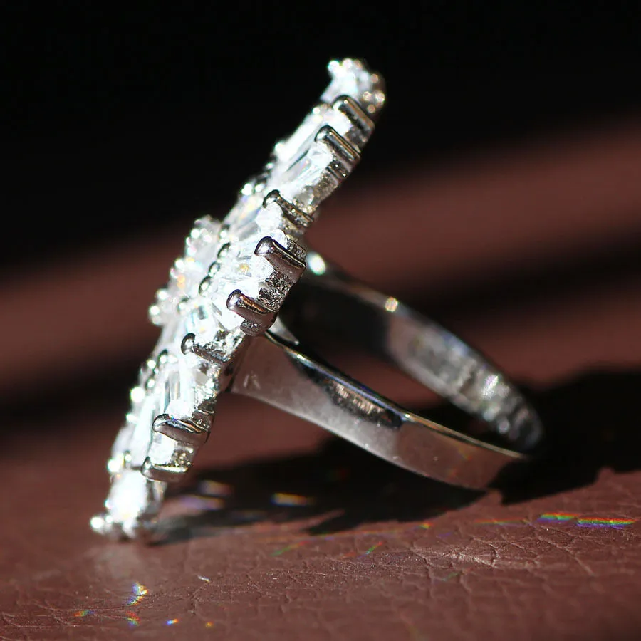 Huge Full Baguette Starburst Created White Sapphire Cocktail Ring