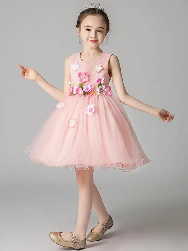 Jewel Neck Sleeveless Flowers Formal Kids Pageant Dresses Flower Girl Dresses