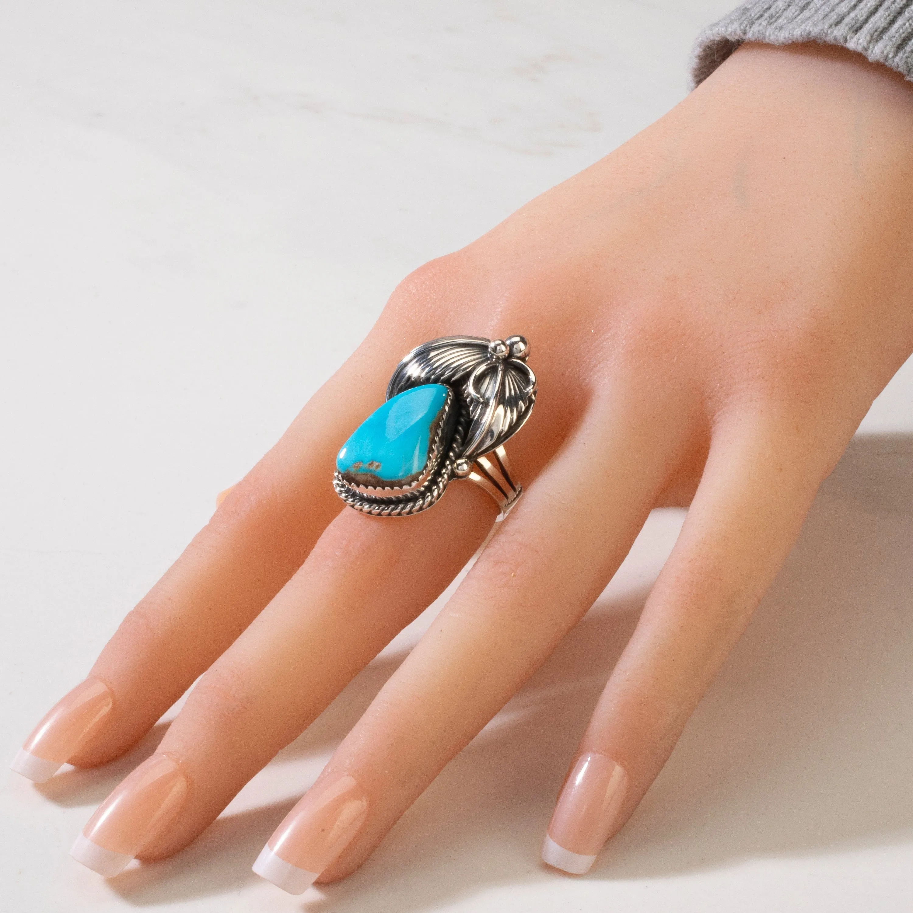 Joe Piaso Jr. Sleeping Beauty Turquoise Feather Navajo USA Native American Made 925 Sterling Silver Ring