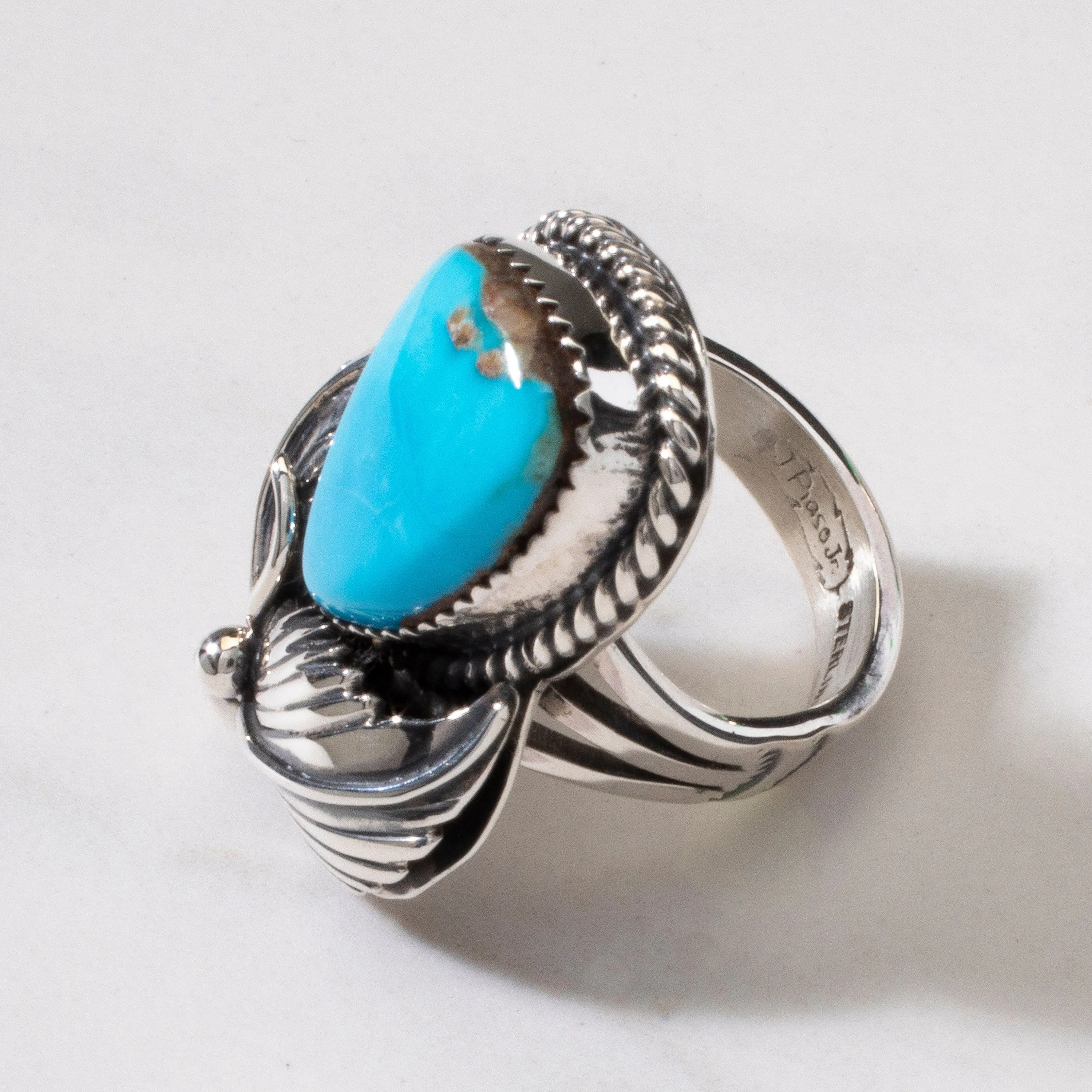 Joe Piaso Jr. Sleeping Beauty Turquoise Feather Navajo USA Native American Made 925 Sterling Silver Ring