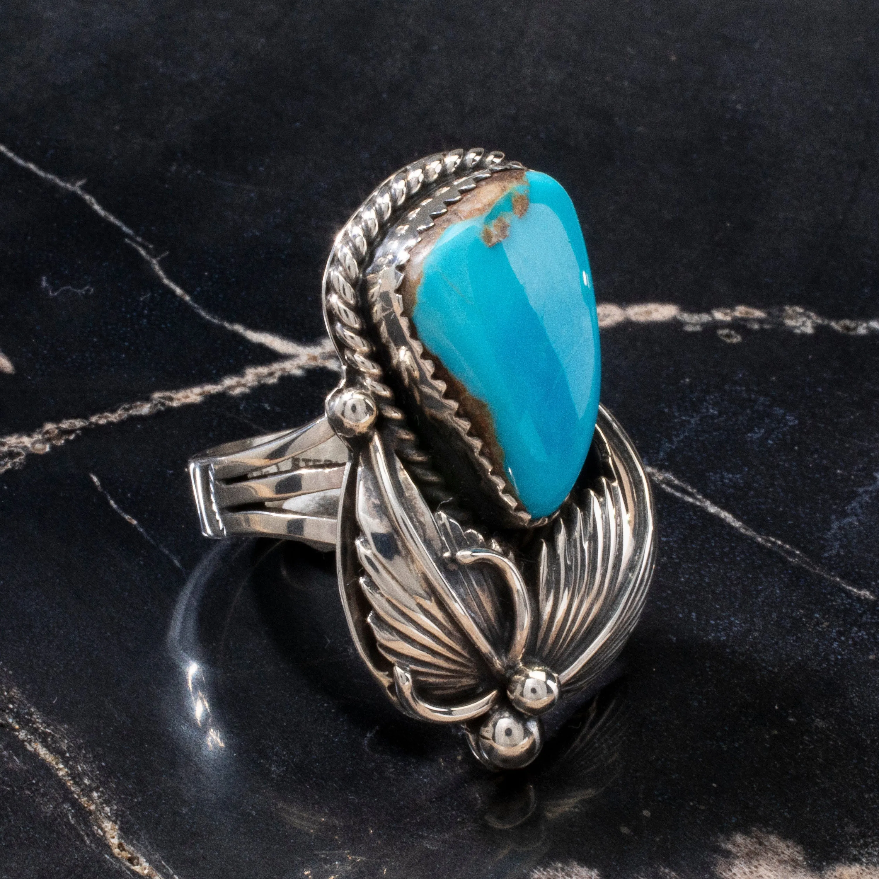 Joe Piaso Jr. Sleeping Beauty Turquoise Feather Navajo USA Native American Made 925 Sterling Silver Ring