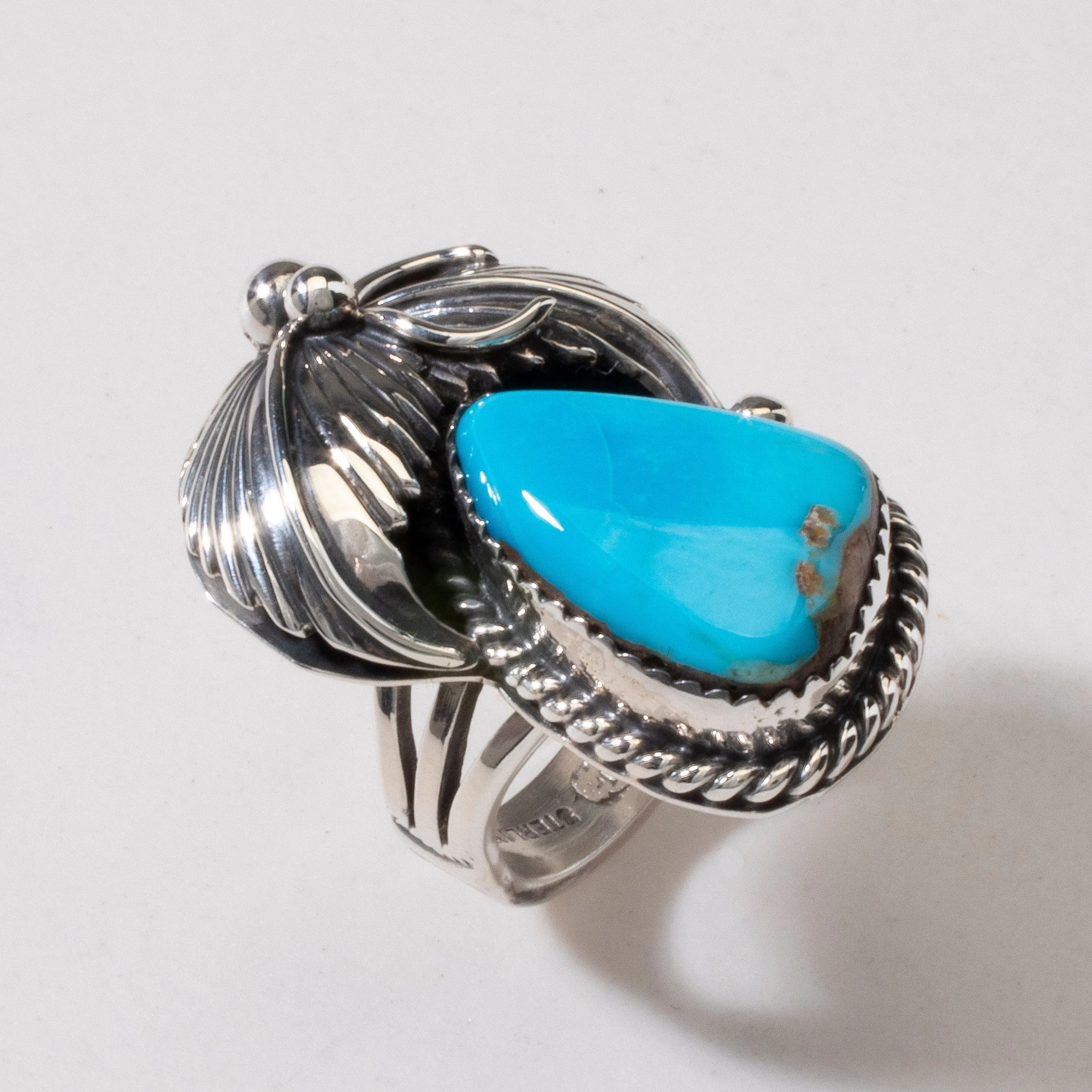 Joe Piaso Jr. Sleeping Beauty Turquoise Feather Navajo USA Native American Made 925 Sterling Silver Ring