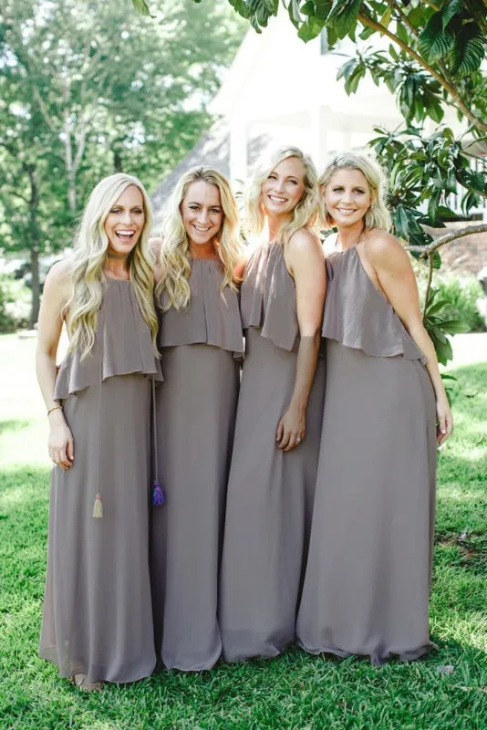 Light Slate Gray Spaghetti Straps Long Chiffon Bridesmaid Dress