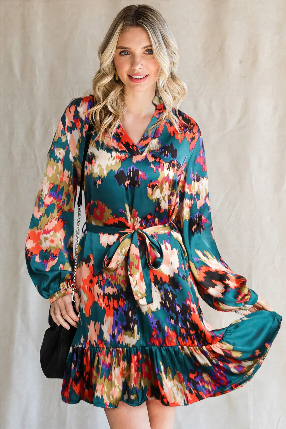 Long Sleeve Multi Colour Tie Dress