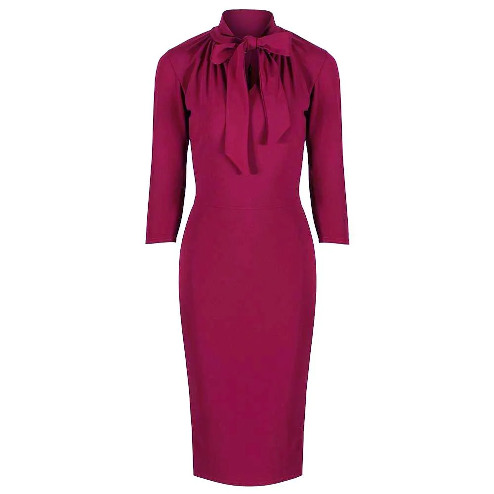 Magenta 3/4 Sleeve Tie Neck Bodycon Pencil Dress