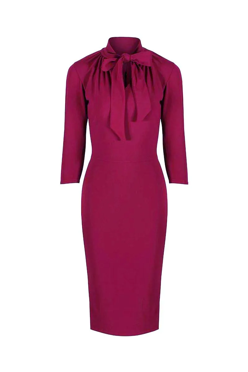 Magenta 3/4 Sleeve Tie Neck Bodycon Pencil Dress