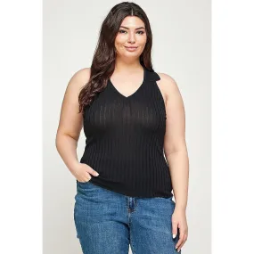 Plus Size, Solid Ribbed Knit Polo Sleeveless Top