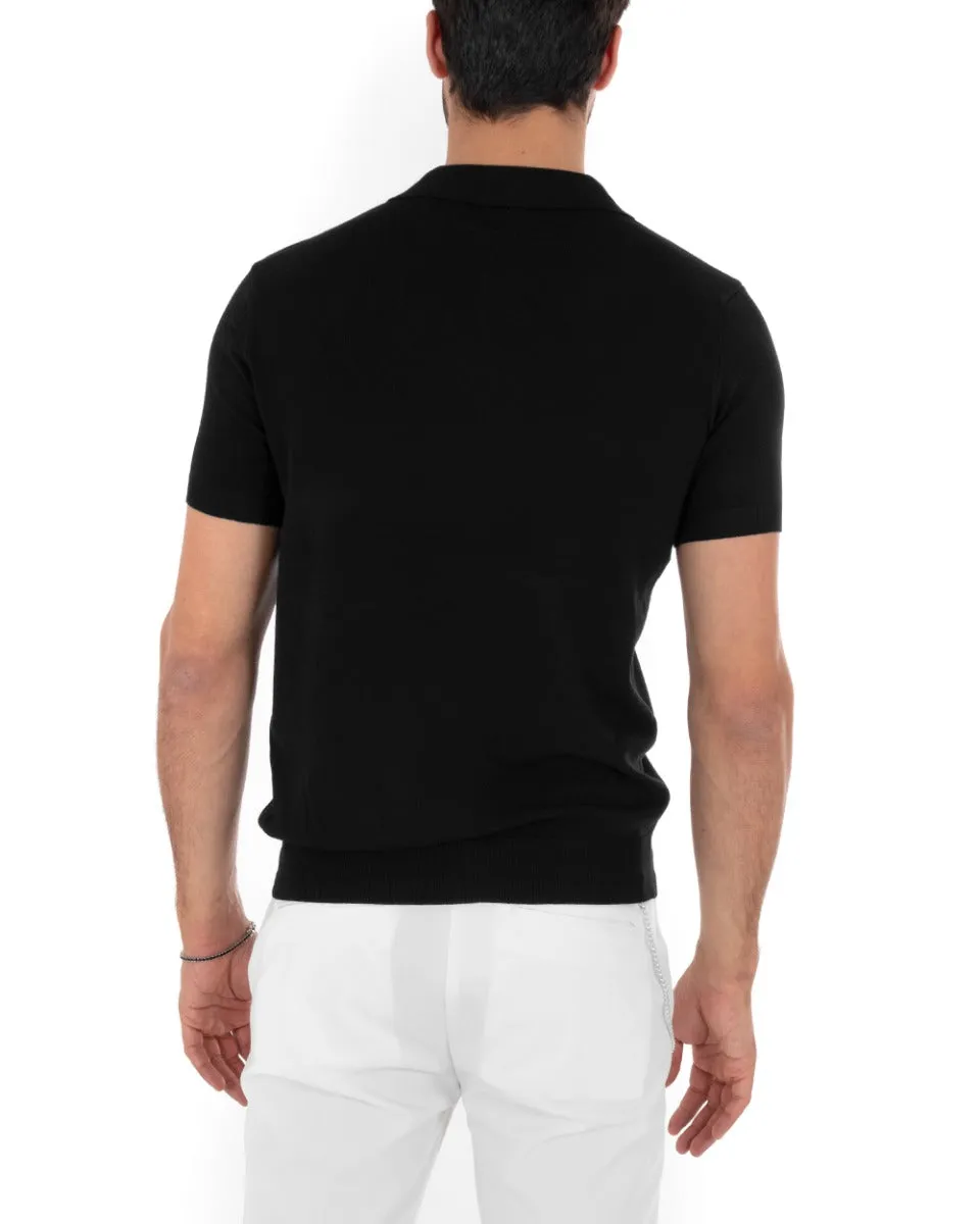 Polo Filo Uomo T-Shirt Manica Corta Con Colletto Bottoni Tinta Unita Nero Casual GIOSAL-TS2632A