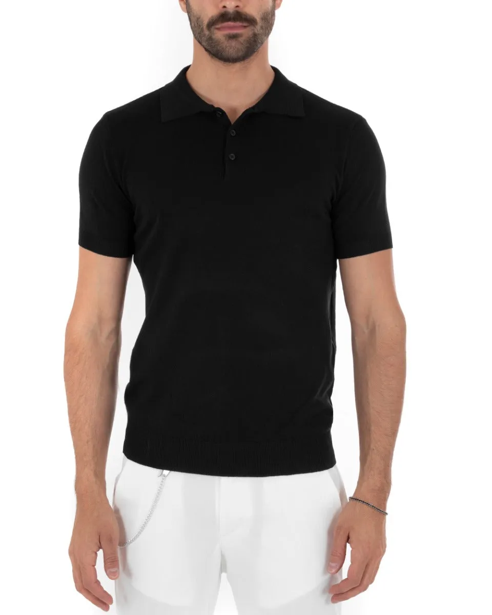 Polo Filo Uomo T-Shirt Manica Corta Con Colletto Bottoni Tinta Unita Nero Casual GIOSAL-TS2632A