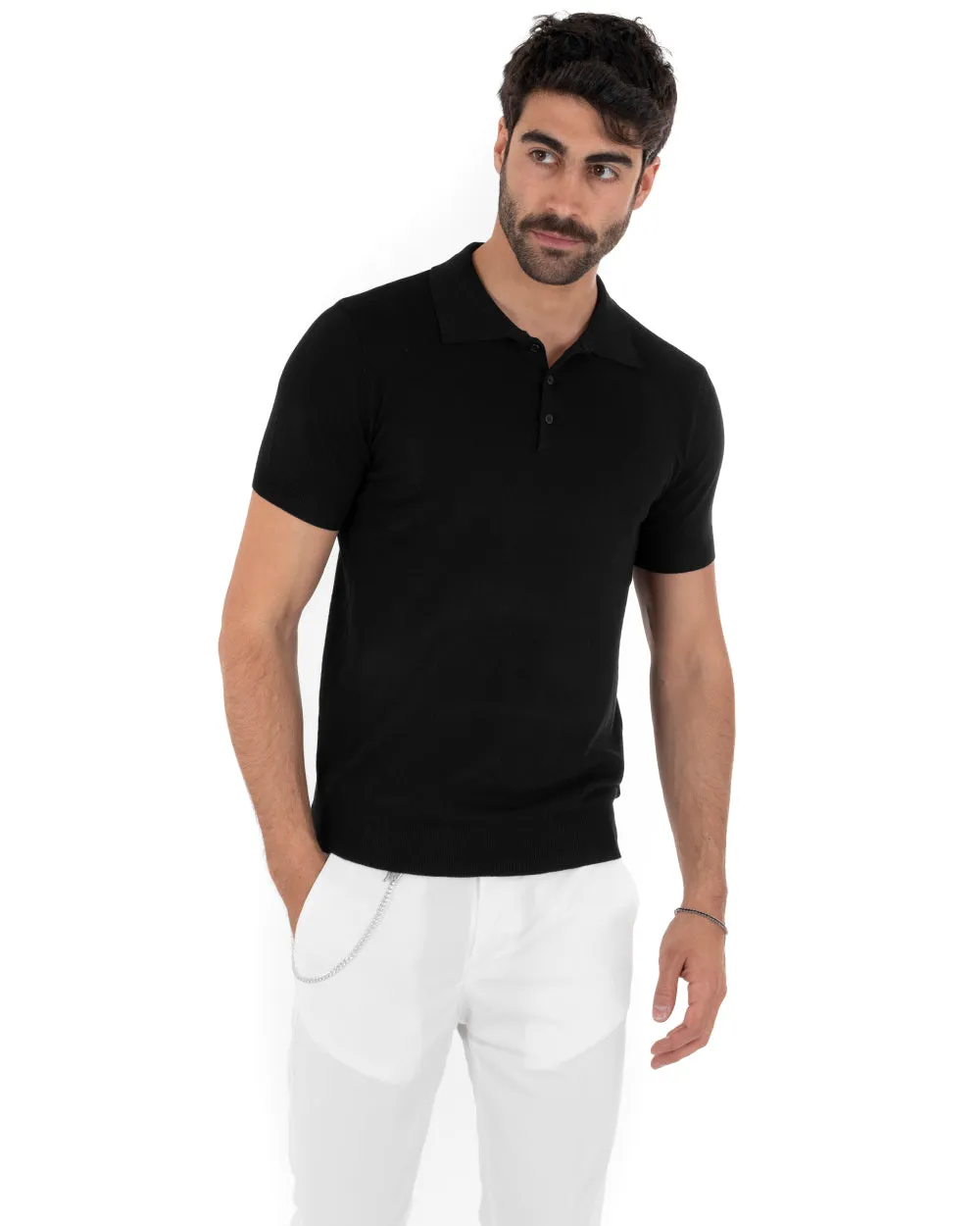 Polo Filo Uomo T-Shirt Manica Corta Con Colletto Bottoni Tinta Unita Nero Casual GIOSAL-TS2632A