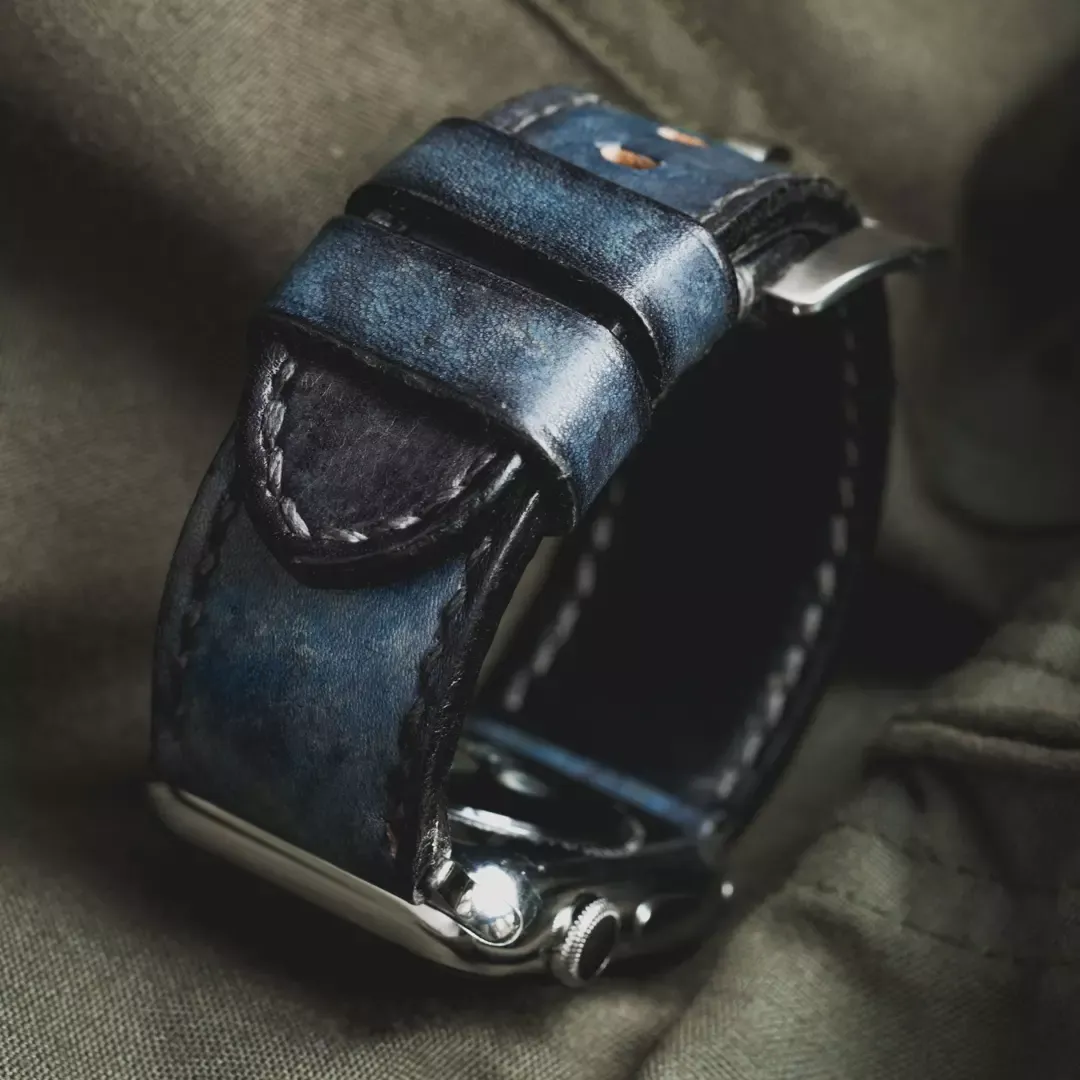 "Camouflage" Hand-dyed Cowhide Leather Strap, Denim Blue | Apple Watch