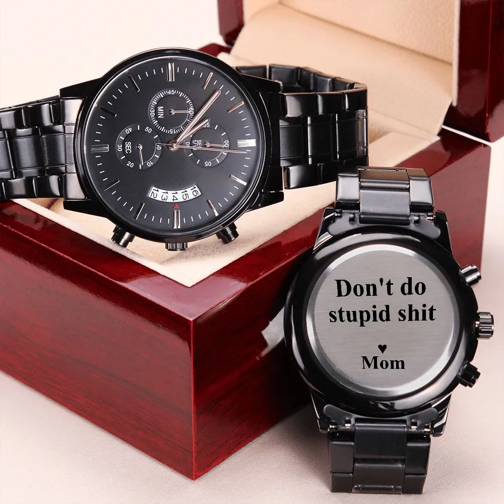 To My Son | Love Mom | Engraved Black Chronograph Watch