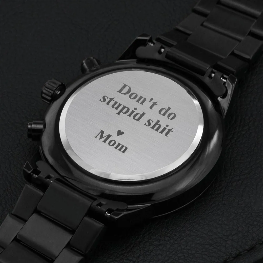 To My Son | Love Mom | Engraved Black Chronograph Watch