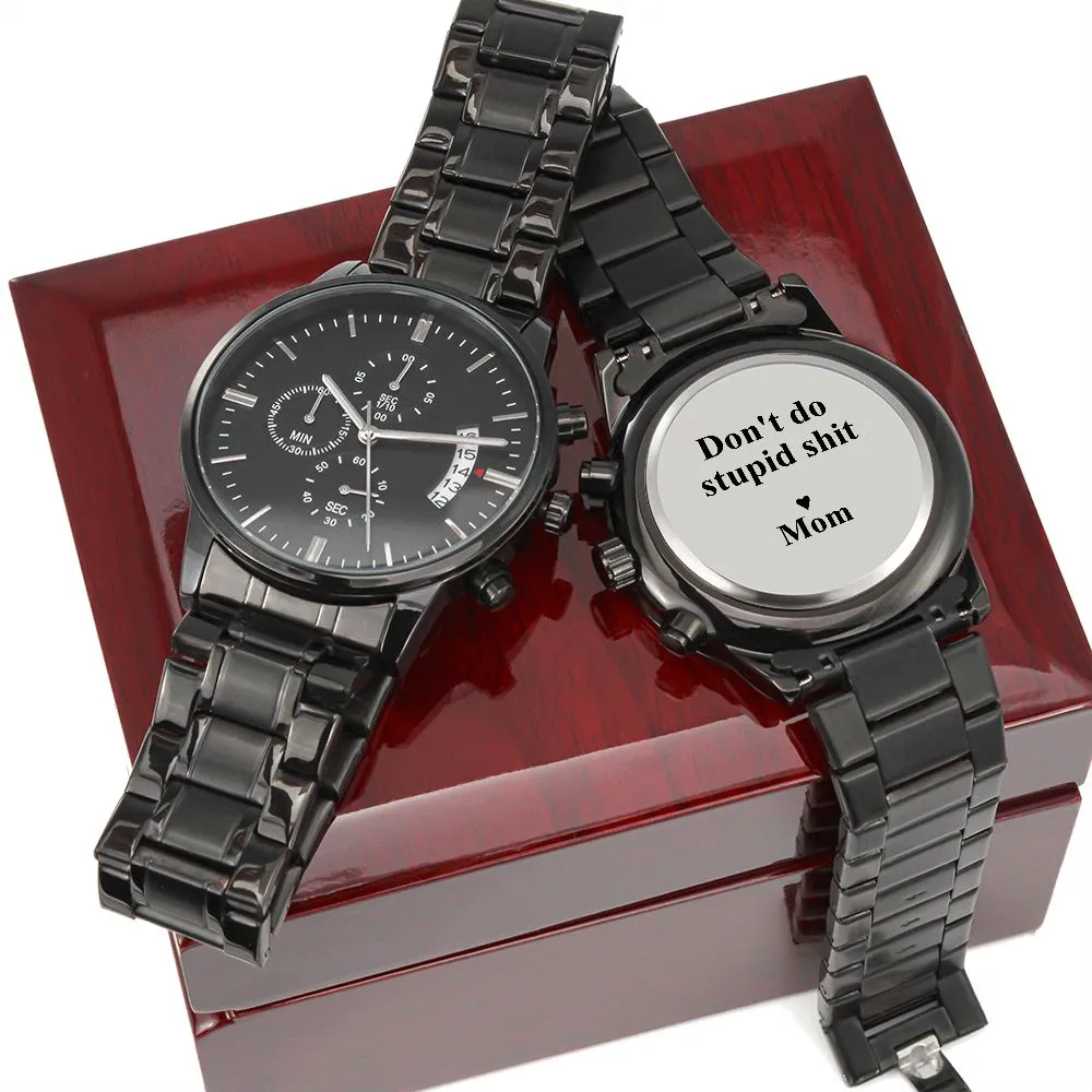 To My Son | Love Mom | Engraved Black Chronograph Watch