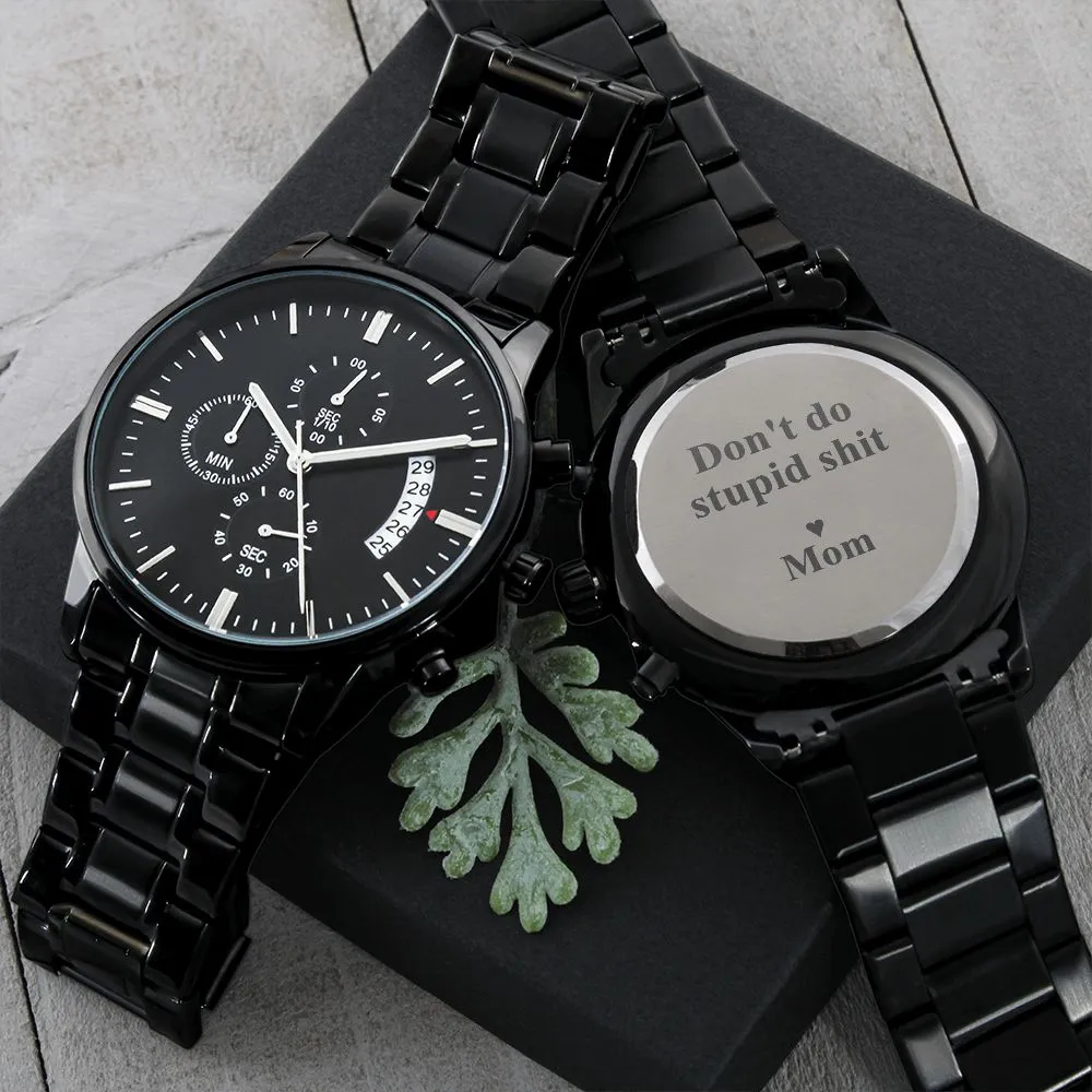 To My Son | Love Mom | Engraved Black Chronograph Watch