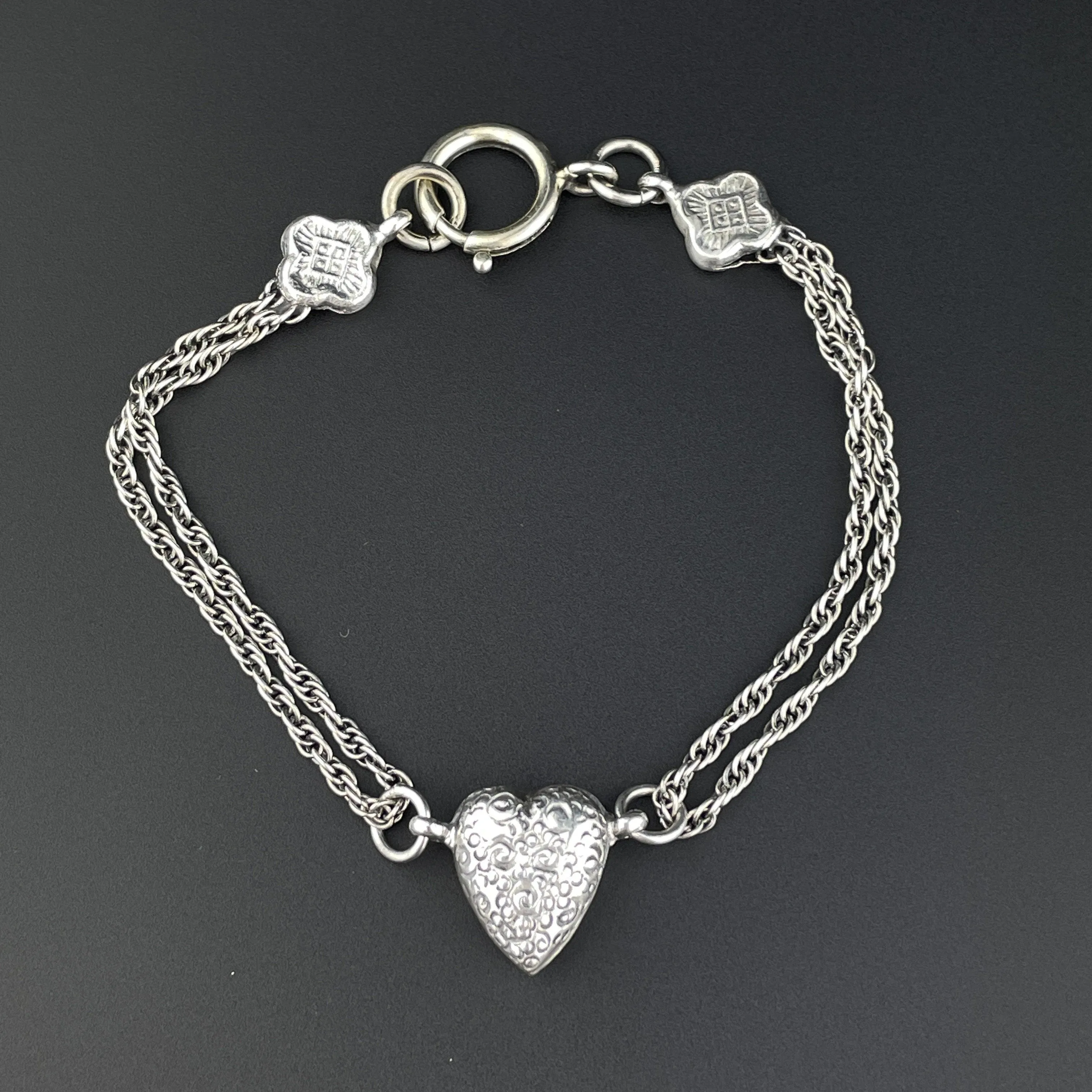 Victorian Sterling Silver Engraved Puffy Heart Albertina Bracelet