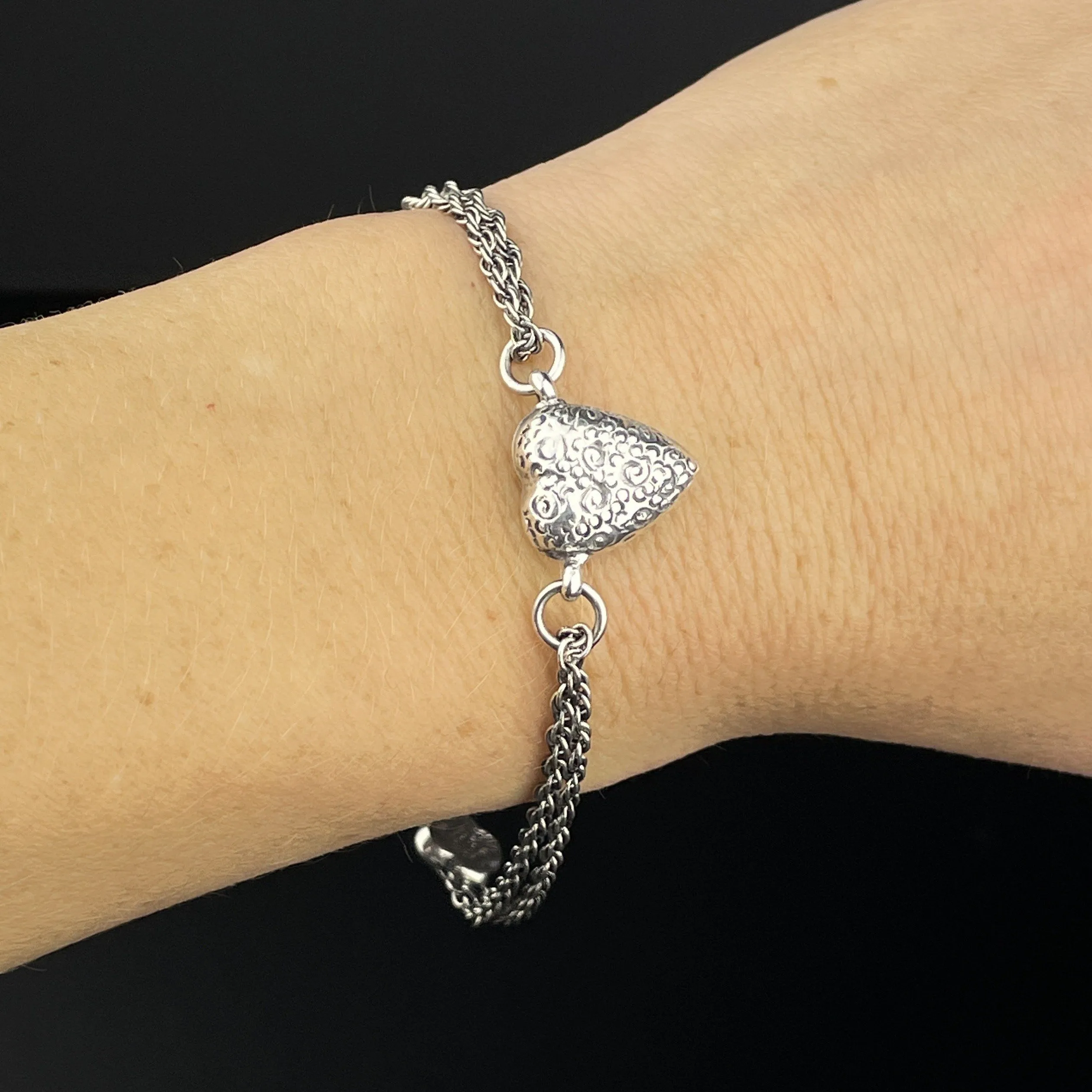 Victorian Sterling Silver Engraved Puffy Heart Albertina Bracelet