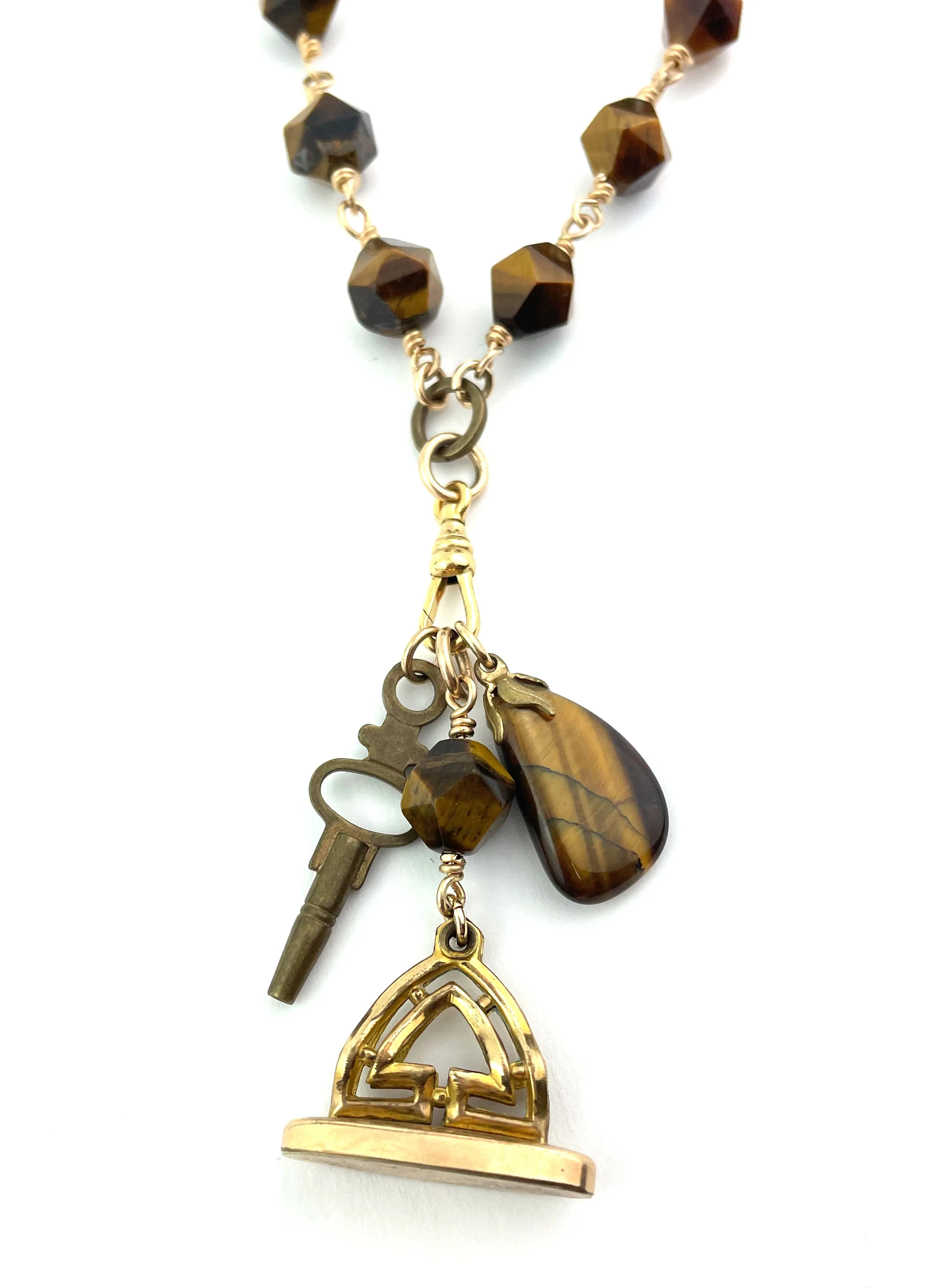 Victorian Tigers Eye Charm Keeper Necklace