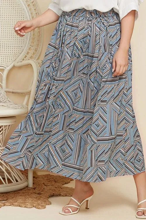 Women's Plus Blue Geometric Pleated Skirt