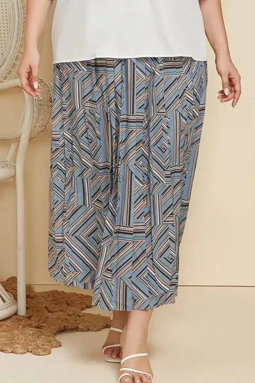 Women's Plus Blue Geometric Pleated Skirt