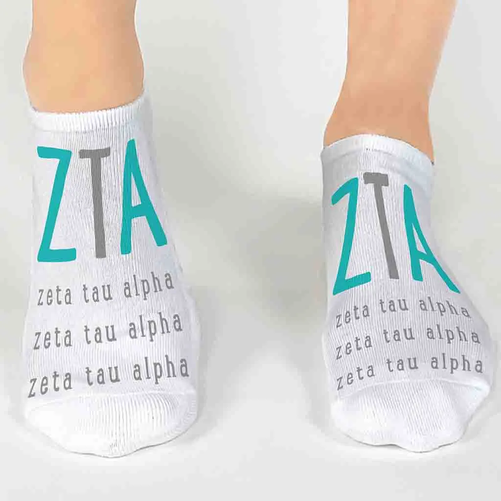 Zeta Tau Alpha Sorority Socks with Large Greek Letters, Printed on No Show Socks